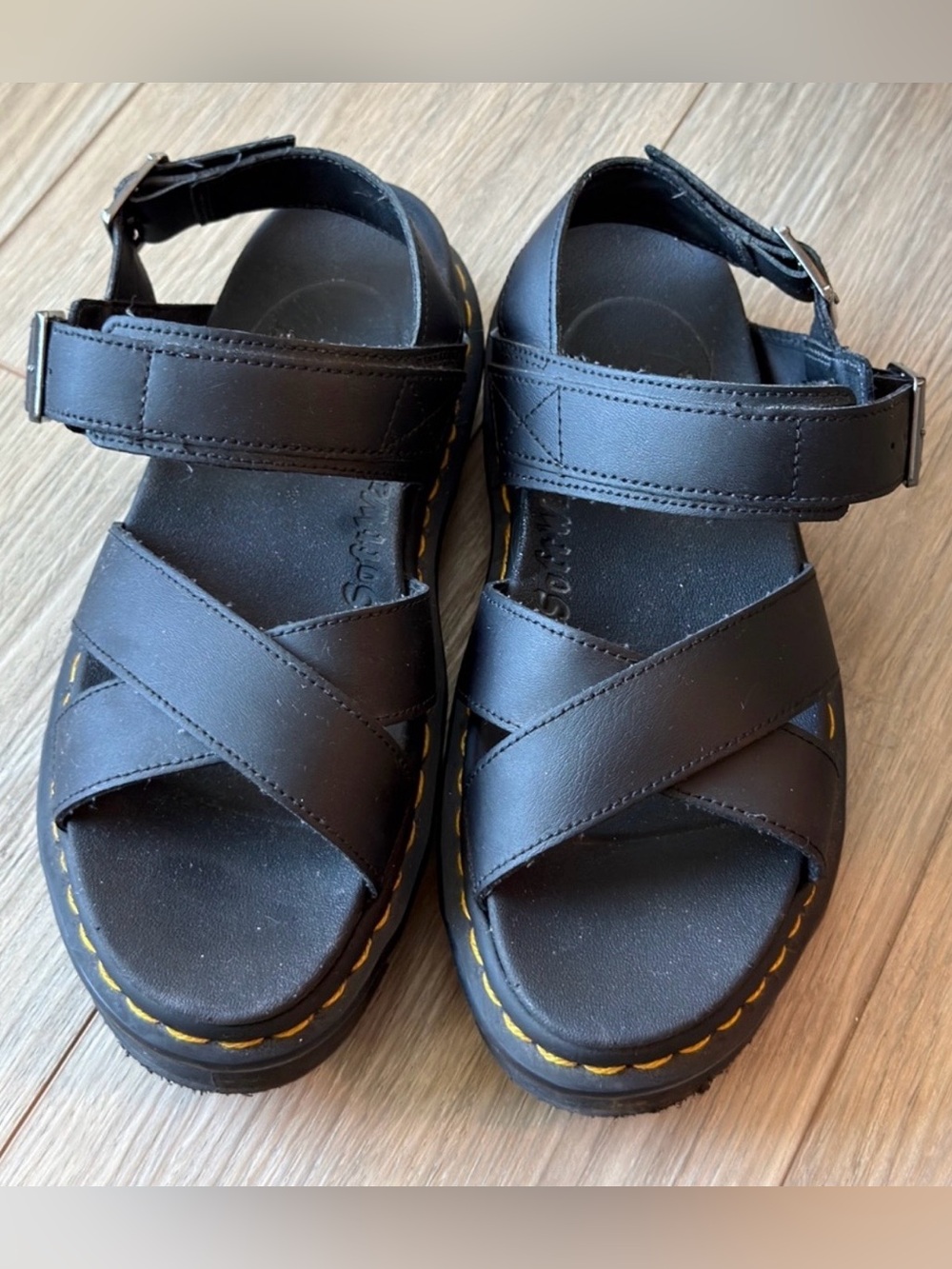 Black Leather Strap Sandals with Yellow Stitching